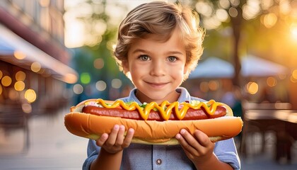 little boy holding a huge hot dog - obrazy, fototapety, plakaty