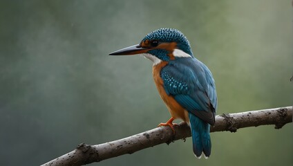 A solitary kingfisher perches on a branch, its vibrant plumage a dazzling contrast against the serene backdrop of a solid white canvas ai_generated - obrazy, fototapety, plakaty