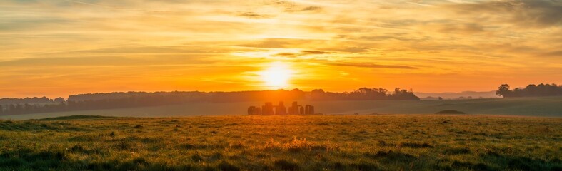 Panoramic sunrise view of Stonehenge in England. United Kingdom 