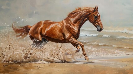 brown horse running on the beach - obrazy, fototapety, plakaty