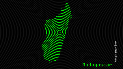 A map of Madagascar, with a dark background and the country's outline in the shape of a colored spiral, centered around the capital. A simple sketch of the country.