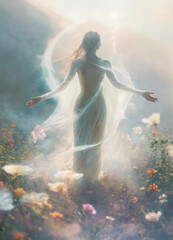 A woman with her arms outstretched in front of a blue background with stars., A woman in a white dress standing in a forest with a light shining through her eyes generative ai Astonishing Wallpaper 


