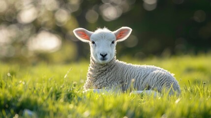 Lamb sitting in grass, baby sheep during lambing season, springtime