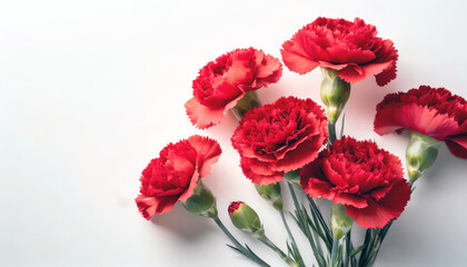 Bouquet of red carnations on simple white background