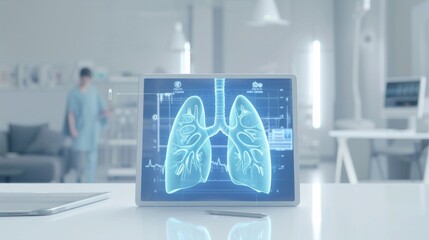 Render of holographic digital style human lungs above tablet computer, conveying the idea - obrazy, fototapety, plakaty