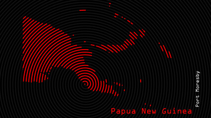 A map of Papua New Guinea, with a dark background and the country's outline in the shape of a colored spiral, centered around the capital. A simple sketch of the country.