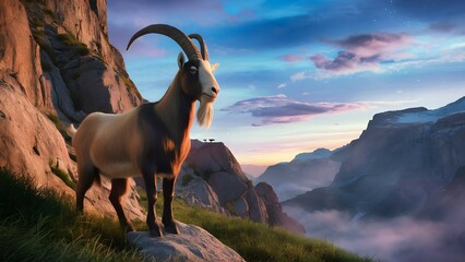 A Goat standing proudly on top of a rocky mountainside against a beautifully sky And crescent moon of Eid Mubarak, Eid ul Adha background with copy space to write eid mubarak quotes and eid wishes - obrazy, fototapety, plakaty