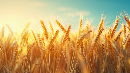 Close up wheat field at golden hour, bathed in warm sunlight, whole grain field. Generative AI