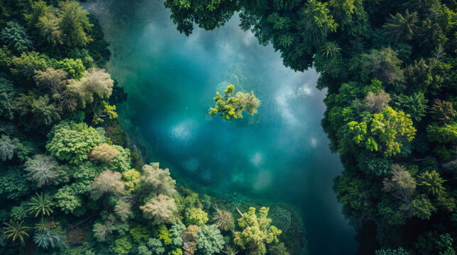 Aerial view of beautiful tropical forest and lake with reflection in water