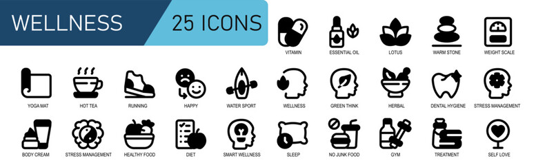 icon set wellness.glyph style.contains weight scale,diet,stress management,dental care,dental hygiene,phytotherapy,green thoughts,wellness,kayak,happy,shoes,running,sports