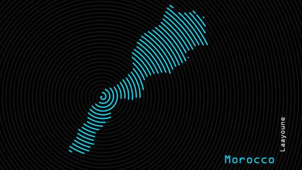 A map of Morocco, with a dark background and the country's outline in the shape of a colored spiral, centered around the capital. A simple sketch of the country.