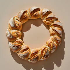 A bread wreath, a creative art piece made of natural material, sits on a table