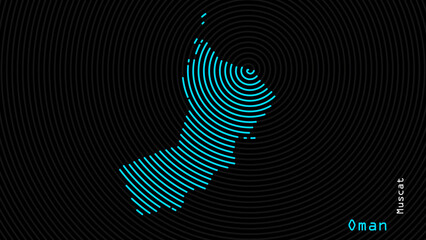 A map of Oman, with a dark background and the country's outline in the shape of a colored spiral, centered around the capital. A simple sketch of the country.