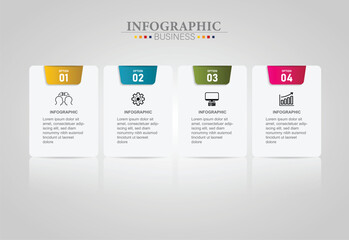 Business infographics template. Timeline with 4 steps, label and marketing icons. Vector illustration. - obrazy, fototapety, plakaty