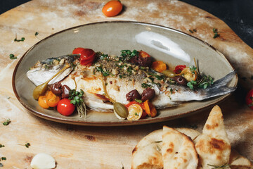 Seaside Sensation: Fresh Fish, Tomatoes, and Olives on Wooden Board