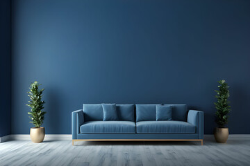 Interior of light room with sofa on empty dark blue wall background,3D rendering