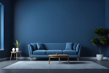 Obraz premium Interior of light room with sofa on empty dark blue wall background,3D rendering