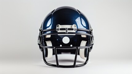 A shiny blue football helmet is sitting on a white background. The helmet is facing forward and is in focus.