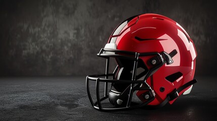 Fototapeta premium Red football helmet on a dark background. The helmet is glossy and has a black facemask. The background is a dark, textured wall.
