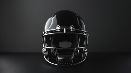 A black American football helmet is sitting on a black table. The helmet is new and shiny. The facemask is made of metal and is painted black.