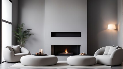  Sofa and pouf against wall with fireplace. Minimalist interior design of modern living room, home.  - obrazy, fototapety, plakaty