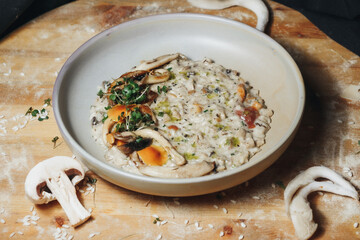 Rustic Mushroom Risotto on Wooden Cutting Board