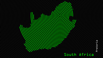 A map of South Africa, with a dark background and the country's outline in the shape of a colored spiral, centered around the capital. A simple sketch of the country.