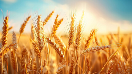 Fototapeta premium Close up wheat field at golden hour, bathed in warm sunlight, whole grain field. Generative AI