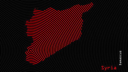 A map of Syria, with a dark background and the country's outline in the shape of a colored spiral, centered around the capital. A simple sketch of the country.