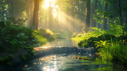 Morning sunbeams illuminate a serene forest stream, highlighting vivid greenery and a gentle water flow.