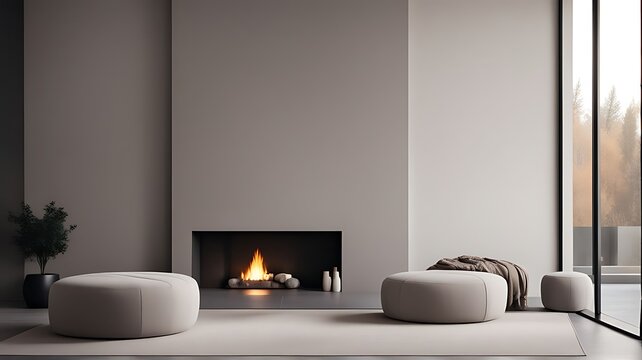  Sofa and pouf against wall with fireplace. Minimalist interior design of modern living room, home. 