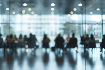 Dynamic Meeting Room Discussion: Diverse Professionals Collaborating in Blurred and Modern Meeting Room, Entire Image Blurred for Copy Space..