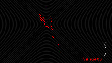 A map of Vanuatu, with a dark background and the country's outline in the shape of a colored spiral, centered around the capital. A simple sketch of the country.