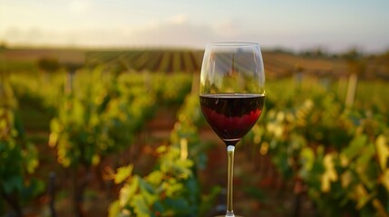 A wine glass filled with red wine, held against the backdrop of a vineyard, illustrates the connection between wine and its origin.