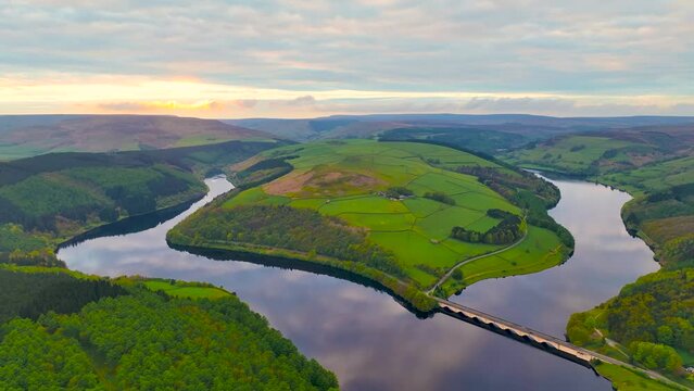 Aerial view of Ladybower Reservoir, a large artificial reservoir, the lowest of three in the Upper Derwent Valley in Derbyshire, England, UK