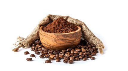 Roasted coffee beans in sack bag with coffe powder in wooden bowl isolated on white background