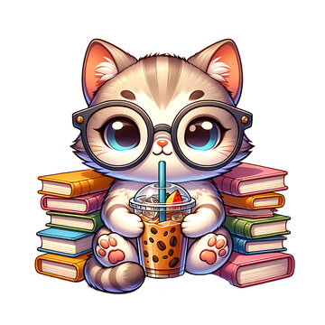 Cute cat with glasses sipping cold coffee surrounded by piles of books 