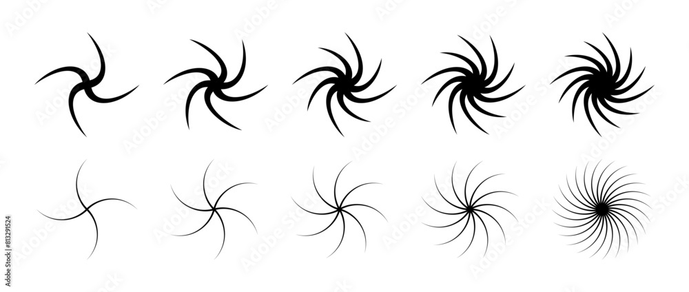 Aufkleber Different swirl element set. Black twirling and rotating effect collection. Circular radial revolving whirlwind symbols bundle for graphic design. Twist, gyre or whirlpool rotation pack. Vector