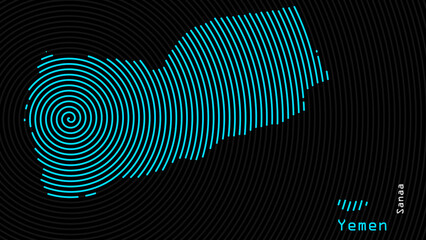 A map of Yemen, with a dark background and the country's outline in the shape of a colored spiral, centered around the capital. A simple sketch of the country.