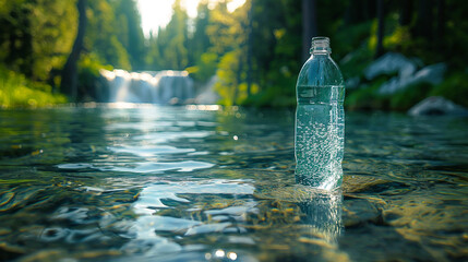 A clear bottle of water is floating on the surface, with the blurry background of a spring lake with waterfalls
