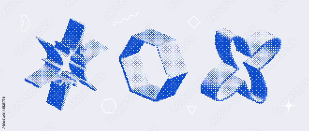 Poster Bitmap textured shape set. Dither halftone objects collection. Blue 3d flower, star, hexagon elements for banner, poster, leaflet. Abstract pixelated raster effect bundle. Vector pack