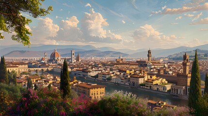 The historic city of Florence, with its iconic Duomo dominating the skyline and the tranquil Arno...