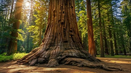 A towering redwood tree, showcasing its massive size and height.