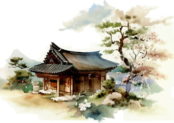Fototapeta premium Artificial intelligence generation of traditional house illustrations. 