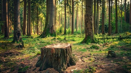 A tree stump in a forest clearing, surrounded by tall trees.