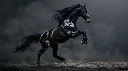  Captivating 3D artwork depicting a majestic black stallion in a dynamic pose, exuding strength and grace. 
