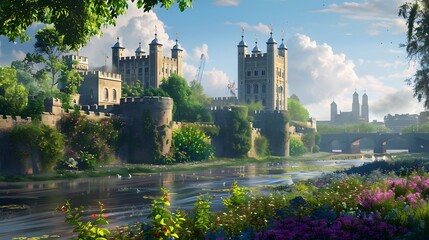 The iconic Tower of London, surrounded by lush greenery and vibrant flowers in bloom, with the...