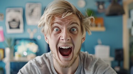 A young blonde celebrates the thrill of success with his crazy and surprised reaction to his small business's e-commerce victory.