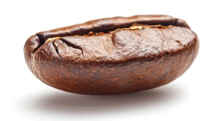 Single roasted coffee bean isolated on white background closeup