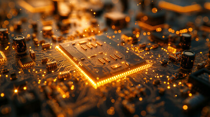 Golden circuitry brilliance showcases a detailed, intricate design of a computer chip, emphasizing technology elegance and complexity